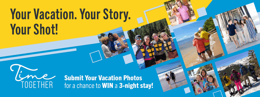blue and yellow background with previous vacation photos